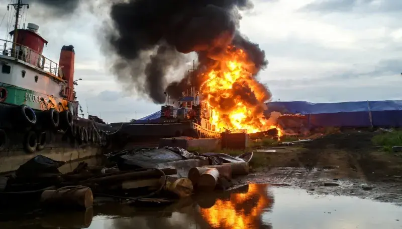Kapal tangki minyak terbakar di Sungai Mentaya Sampit saat docking. Api masih aktif, penyebab kebakaran masih dalam penyelidikan petugas.
