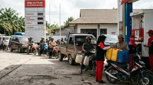 Pertamina menjatuhkan sanksi kepada 6 SPBU di Kalsel akibat pelangsiran BBM subsidi. Suplai dihentikan hingga 30 hari setelah investigasi internal. (Gambar ilustrasi)